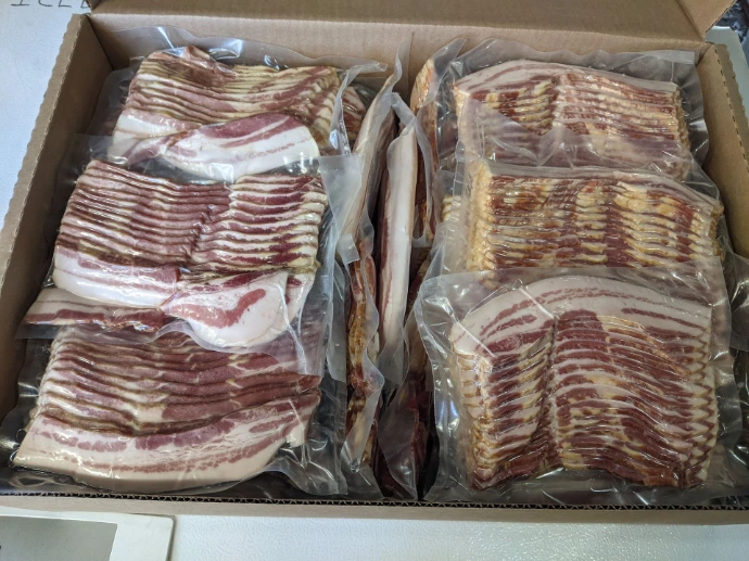 A box of beautiful bacon packages, yum
